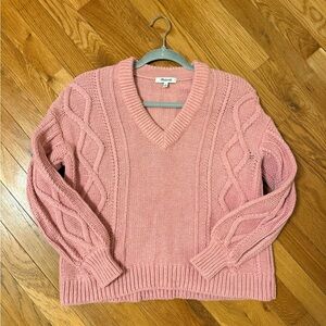 Madewell Pink V-Neck Cable Knit Sweater